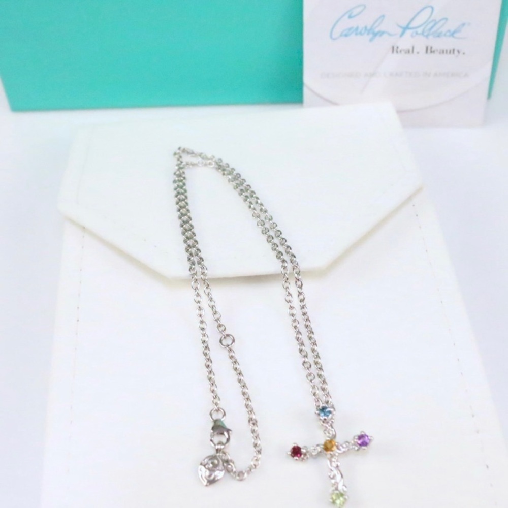 NEW Carolyn Pollack Sterling Silver Multigemstone Cross Pendant Necklace in Box
